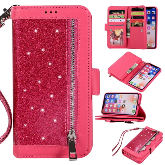 Zipper Wallet Case for iPhone Xs iPhone X 5.8-inch, Allytech Bling Glitter Leather Case with 9 Credit Card Holder Flip Magnetic Closure Stand Cover with Cash Pocket and Hand Strap, Rose