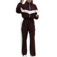 thumbnail image 1 of Conjunto Deportivo de Dos Piezas para Mujer: Sudadera con Cremallera, Pantalones de Chándal Anchos A Rayas en Contraste, Chándal de Viaje. Marrón XL, 1 of 10