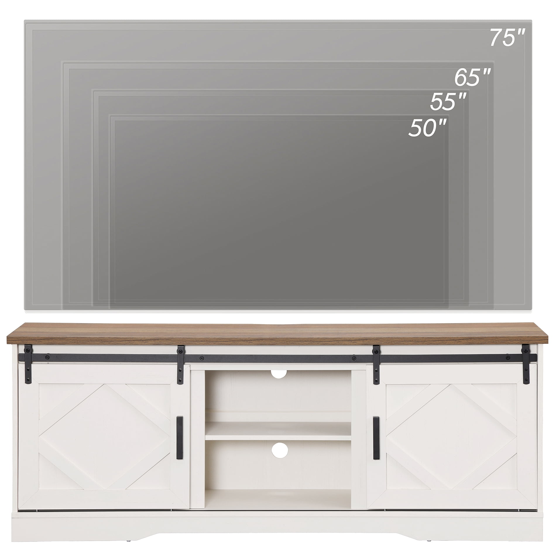 WAMPAT Farmhouse TV Stand with Sliding Barn Door for 75" TVs, Entertainment Center with Adjustable Shelf and Storage Cabinets, Media Console Table for Living Room,Hallway,Cream White
