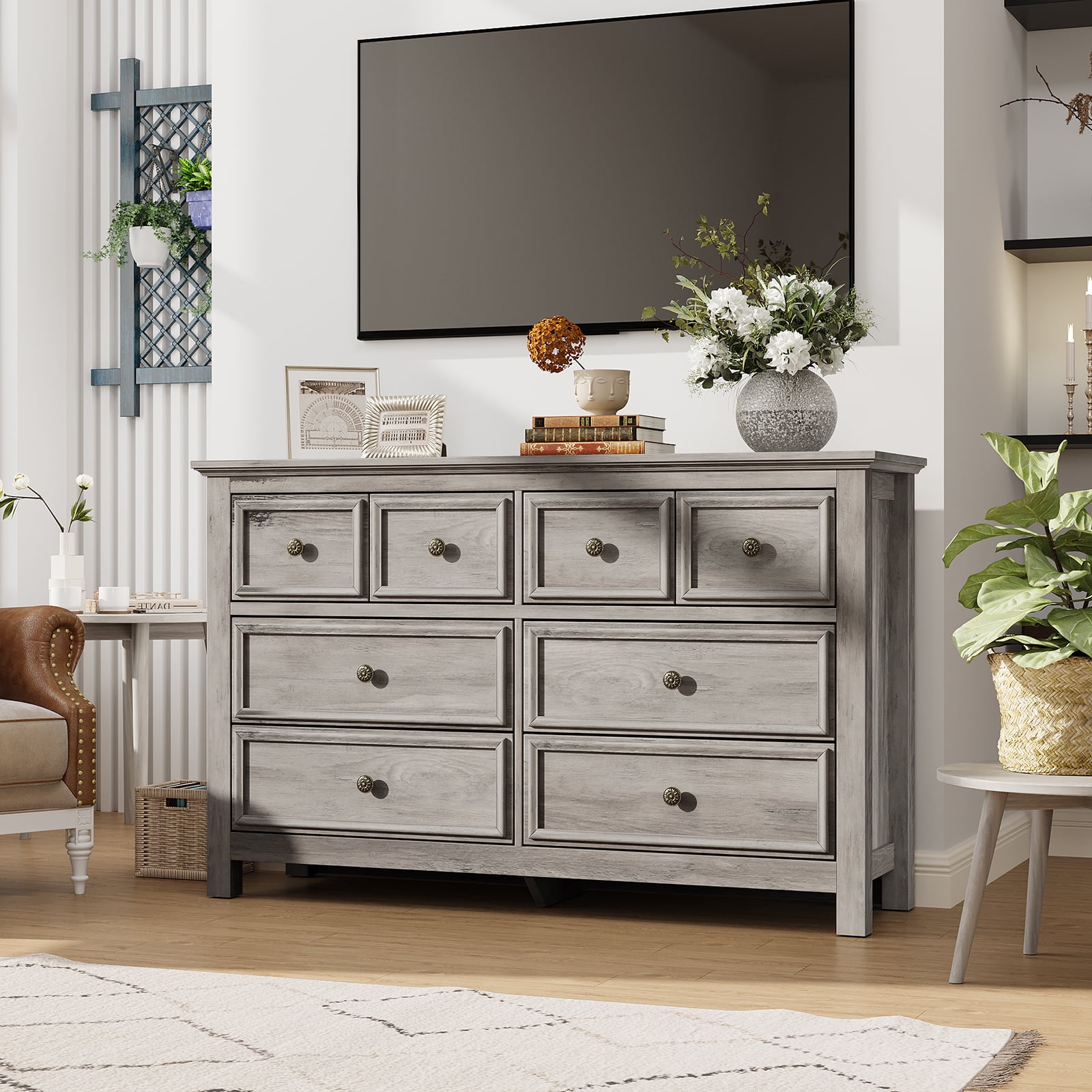 LGHM 8 Drawer Dresser for Bedroom, Wood Dresser TV Stand, Farmhouse Long Chest of Drawers for Living Room, Hallway, Entryway, Gray