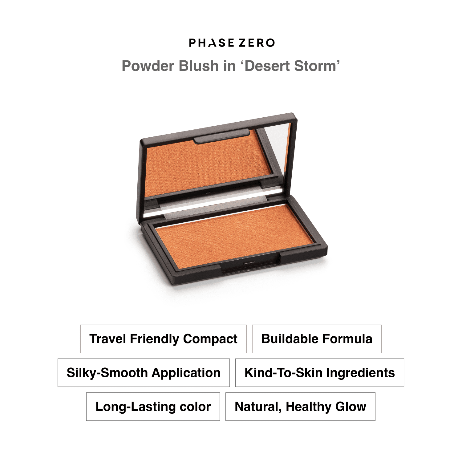 Phase Zero Makeup Powder Blusher - "Desert Storm" - 4g / 0.141 oz -Full Coverage, Natural Blush - Soft, Buildable Pink, Coral, Peach & Golden Hues - Gives Cheeks a Radiant Glow & Smooth Finish
