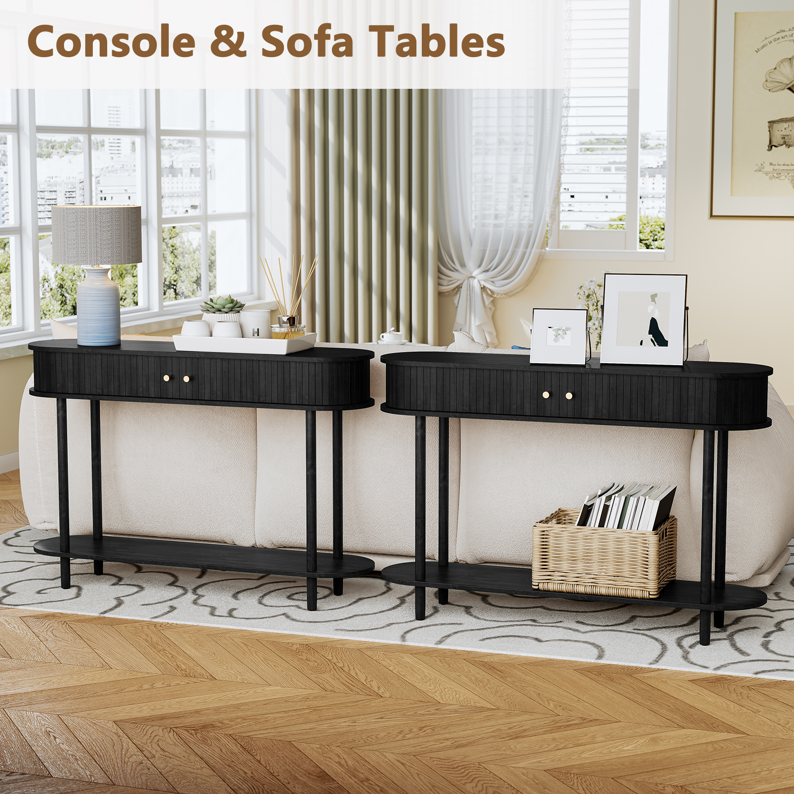 HLR Mid Century Sofa Entryway Table, Console Table with Tambour Sliding Door for Living Room Hallway, Black