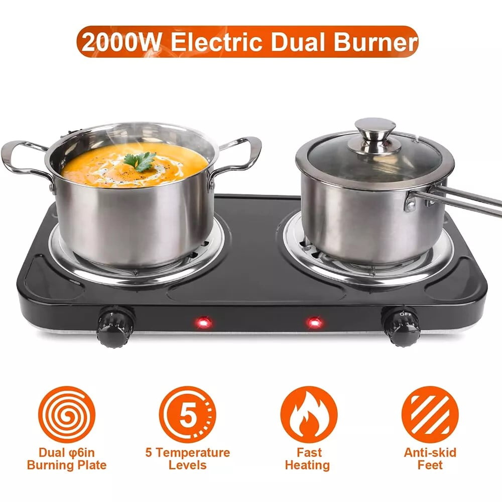 Beiled 2000W Electric Double Burner 110V Hot Plate Heating Cooktop Camping Dorm Stove Cooker with 5 Adjustable Temperatures