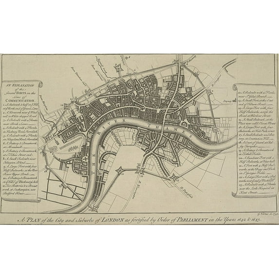 24x36 gallery poster, Map of London Defensive Lines of Communication planned during the English Civil War c 1643 surrounded the City Westminster Southwark Lambeth and related areas Vertue 1738