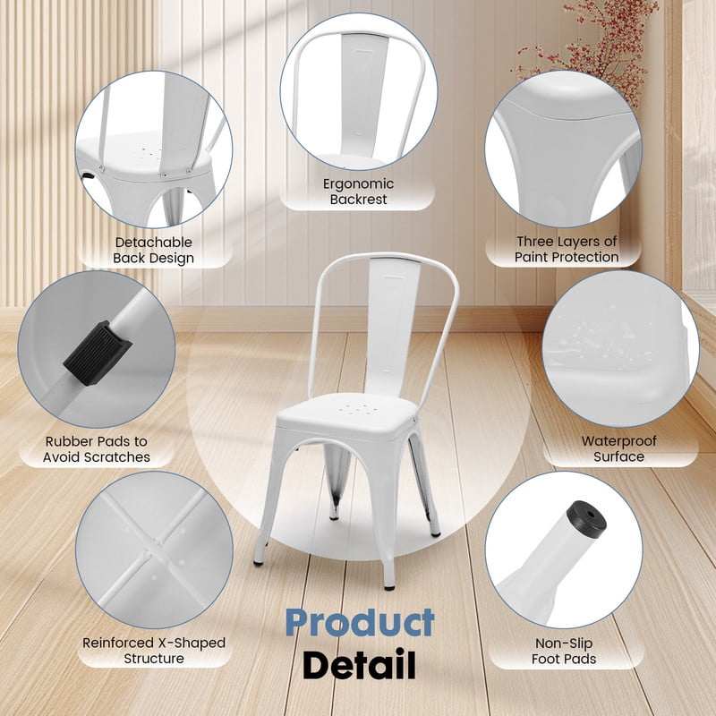 Gianna Metal Dining Chairs Set of 4, 18 Inch Stackable Bar Chairs, Modern Restaurant Classic Trattoria Metal Chairs, 300LBS Weight Capacity, White