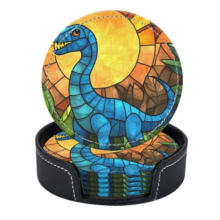 

PU Leather Coasters for Drinks Bar Beer Set of 6 with Holder Round Housewarming Gift Blue Tyrannosaurus Rex In The Grassland Background