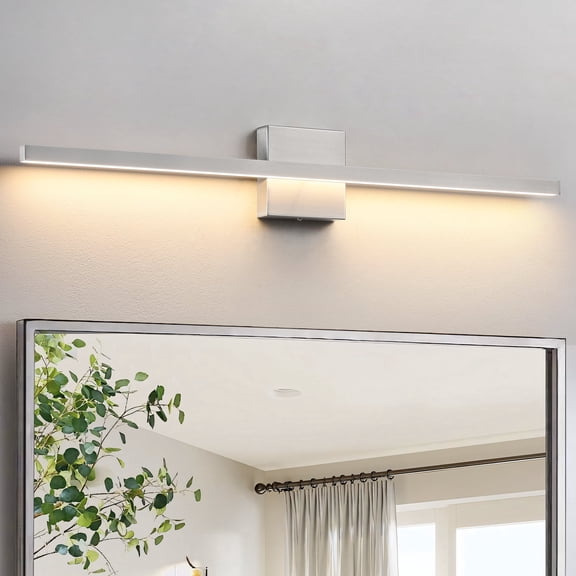 KAISITE 32 inch Modern Vanity Lights for Bathroom Lighting Fixtures over Mirror Dimmable Integrated LED Brushed Nickel , Silver, 3500K Warm Light