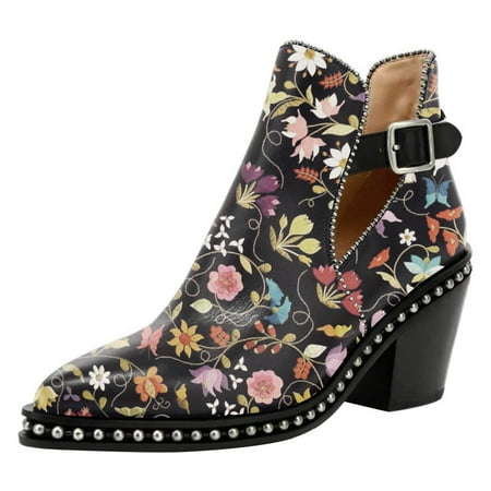 

YDN Women Studded Mid Chunky Heeled Ankle Booties Pumps Closed Almond Toe Short Combat Boots Buckle Strap Cutout Shoes Size 4 Cartoon Flower