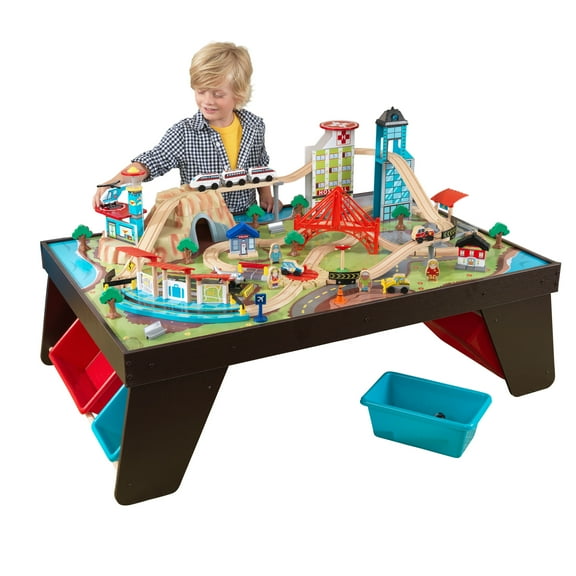 KidKraft Aero City Wooden Train Set & Table with 80-Pieces and 4 Storage Bins - Espresso