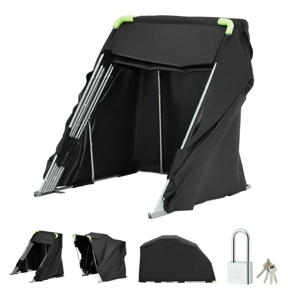KFFKFF Motorcycle Storage Shelter with Security Lock, 600D Oxford Flip-Up Garage Tent, Durable All-Weather Cover with Ventilation Windows, 110 x 43 x 63 in Outdoor Vehicle Shelter, Black