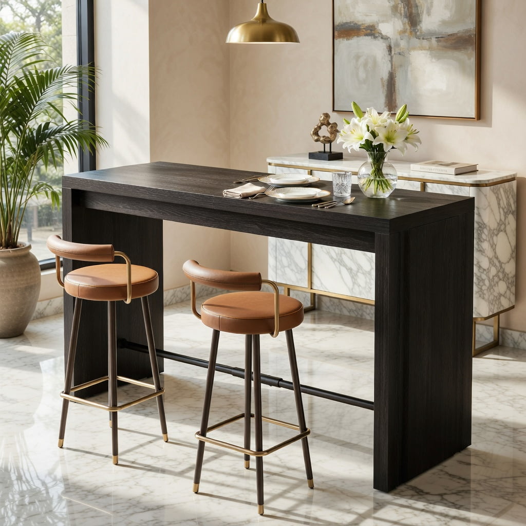 Hommoo 63 Inch Rectangular Counter Height Bar Table with Metal Footrest, Modern Pub Table for Kitchen, Home Bar & Cafe, Black