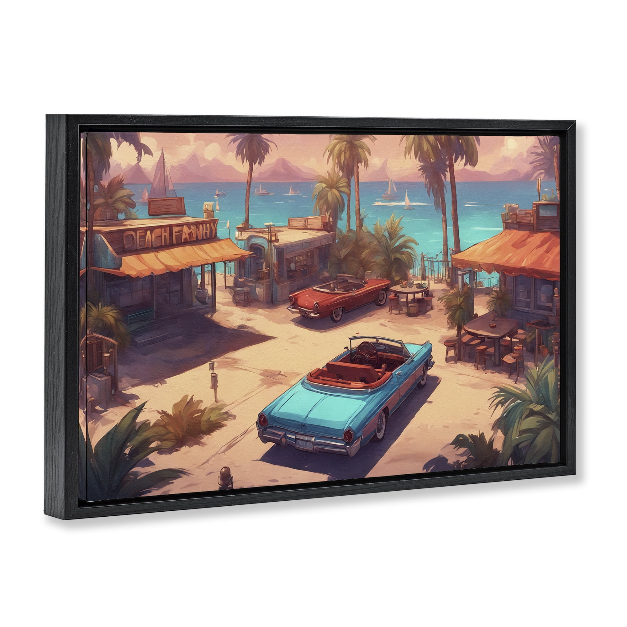 Stupell Industries Bright Beach Hues View Transportation Painting Black Floater Framed Canvas Art Print Wall Art, 31 x 21