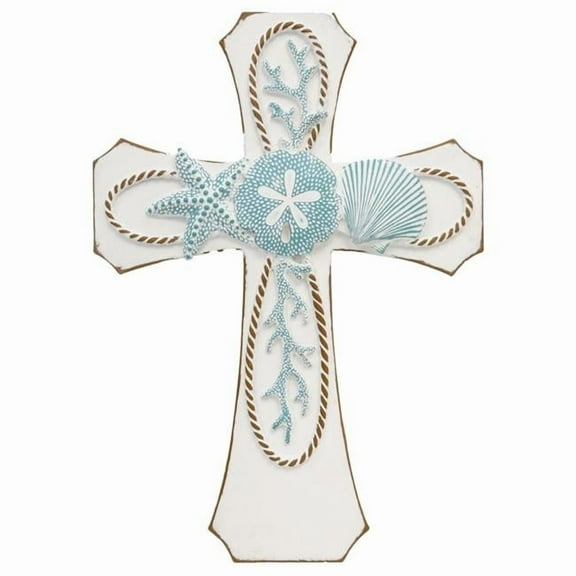Polyresin Starfish and Seashells White & Sky Blue Nautical Beach Hanging Wall Cross Dcor