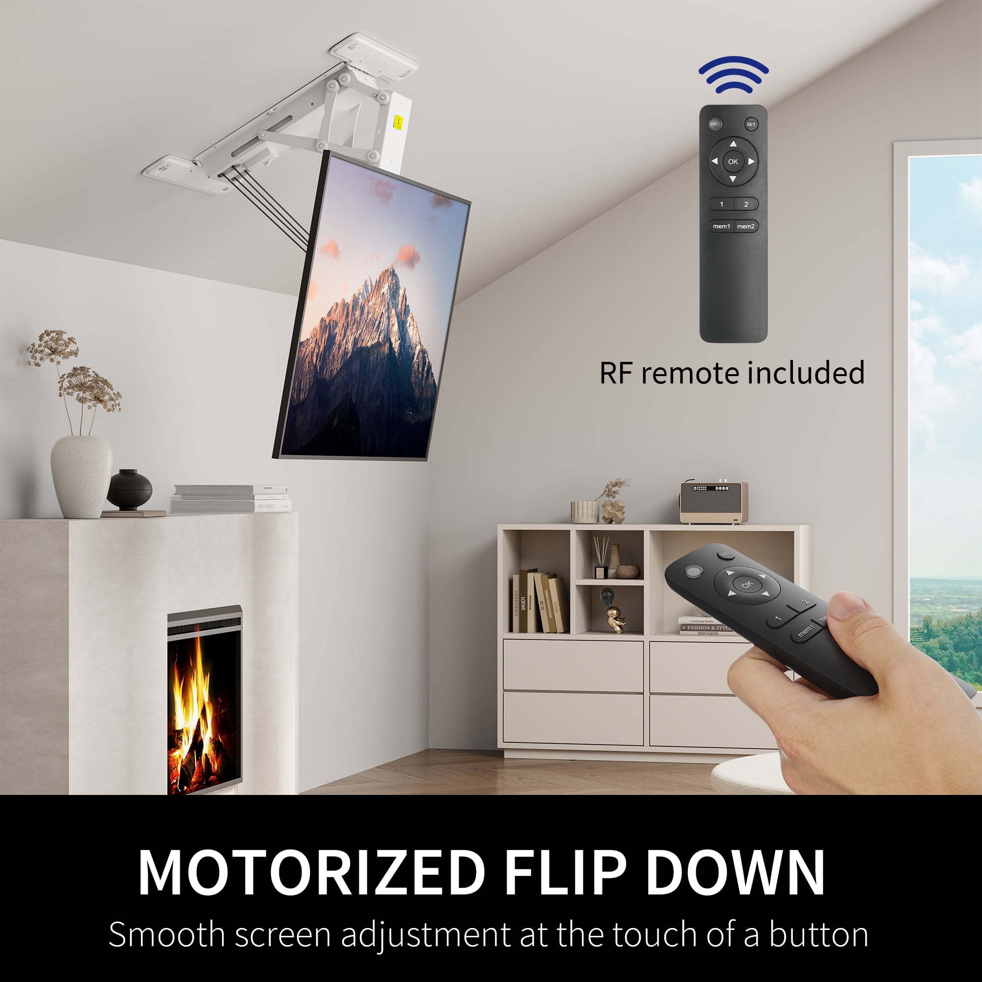 VIVO White Motorized Flip Down Pitched Ceiling TV Mount for 40" to 85" Screens
