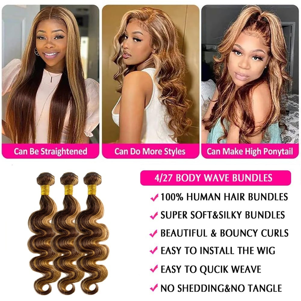 Highlighted Body Wave Bundles with Frontal, P4/27 Color Brazilian Human Hair Double Weft Bundles with 13x4 Lace Frontal