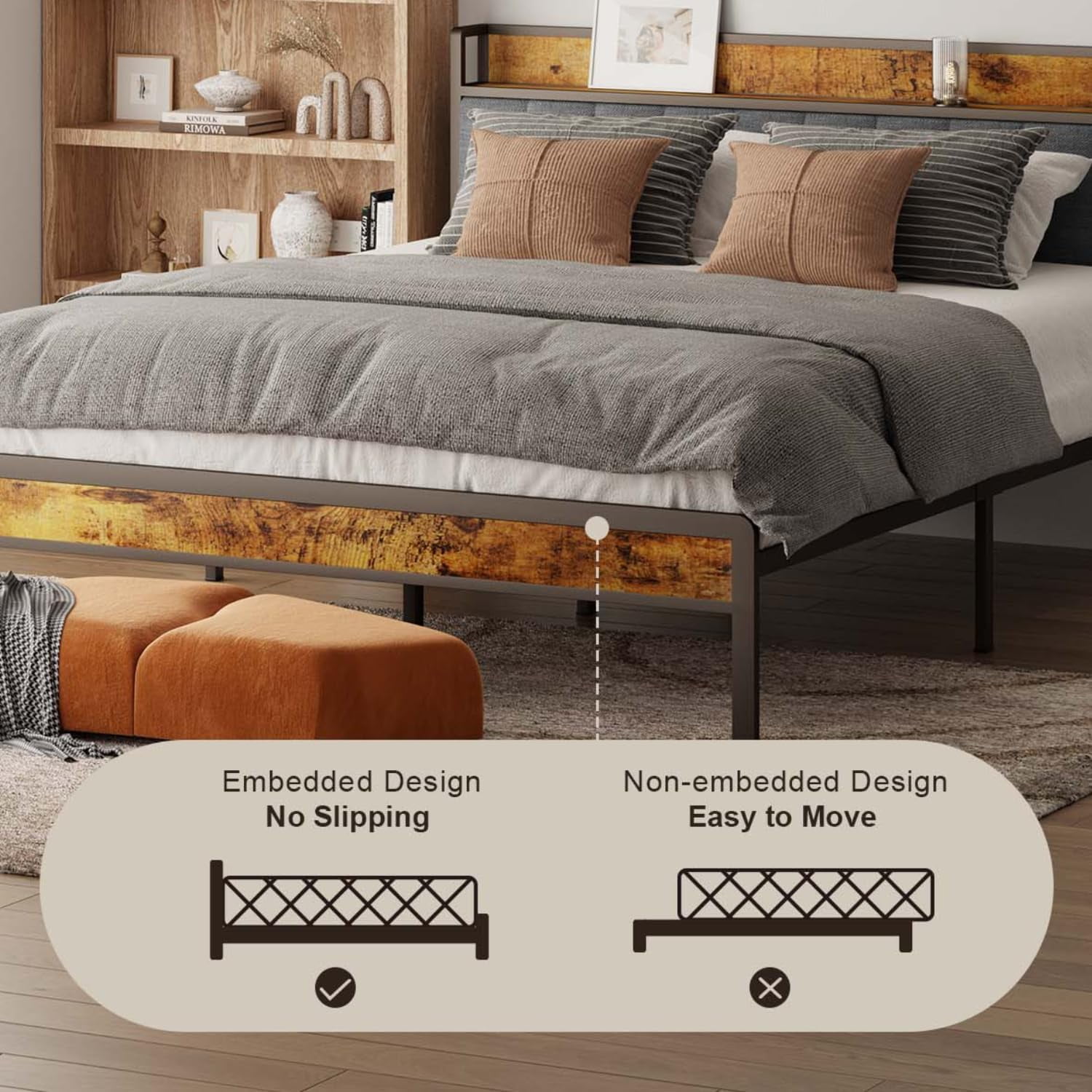 Lofka Queen Bed Frame with Storage Headboard, 11" Under Bed Storage Space, 1000lb Heavy Duty Metal Frame, Noise-Free Design, Easy Assembly, Fits 8-12" Mattress, Black