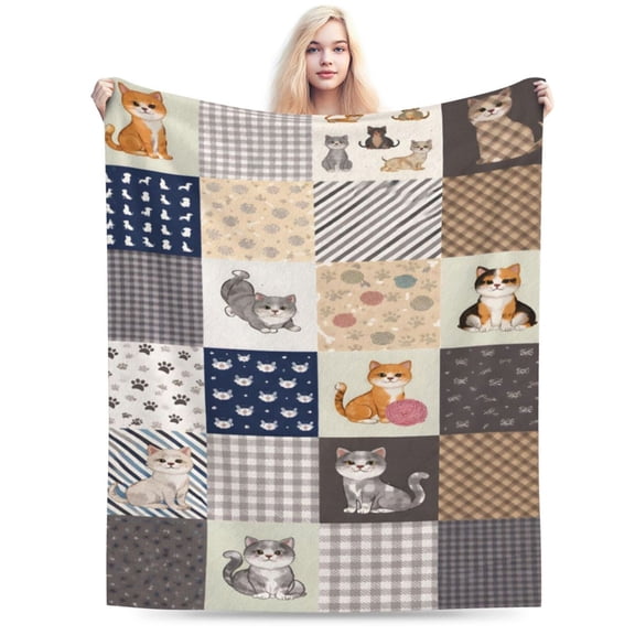 Cute Cat Patchwork Blanket Kitten Quilt Pattern Cozy Cat Lover Soft Warm Throw Blanket for Couch Bed Christmas Birthday Gift 50x40