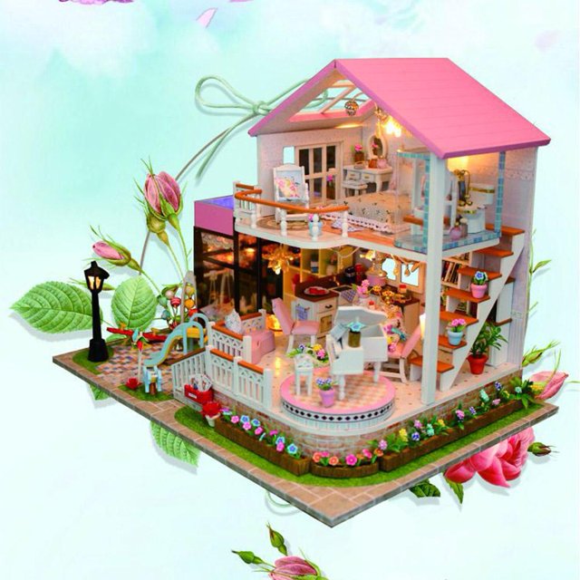 DIY casa de muñecas en miniatura de madera dulce hecho a mano montaje modelo casa juguete para regalo