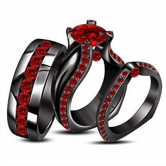 Dreamofdazzles Jewels 3.00 Ctw Cushion Cut Blue Sapphire Wedding Anniversary His & Her Wedding Ring Trio Set Band Ring 14K Black Gold Plated 925 Sterling Silver 925 Sterling Silver -5.5