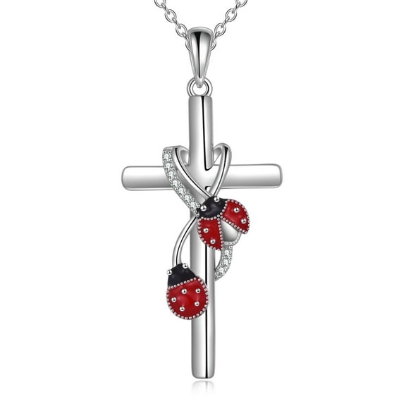 Ladybug Cross Necklace for Women Sterling Silver Cross Pendant Necklace