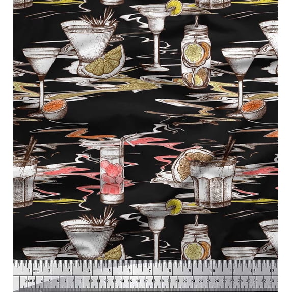 Soimoi Black Silk Fabric Lemon Slice & Soft Drink Beverages Print Fabric by Yard 42 Inch Wide