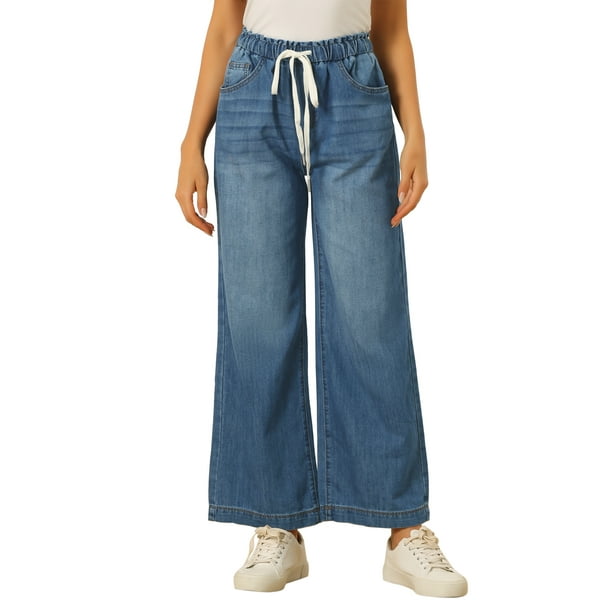 Jeans de pierna ancha para mujer INSPIRE CHIC con cordón, cintura elástica, pantalones de mezclilla casuales con bolsillos, azul XS