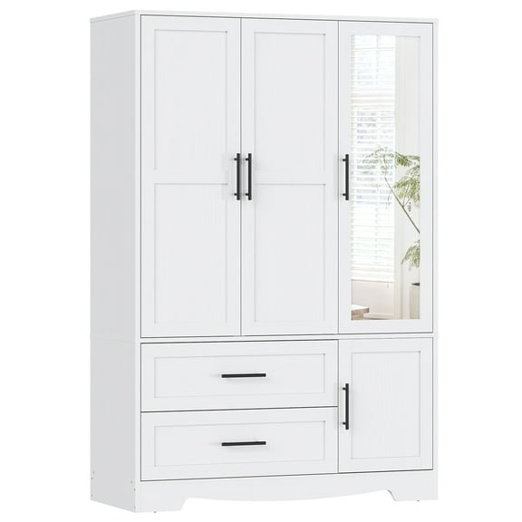 HOOBRO Freestanding 3 Doors Armoire Wardrobe Closet with Mirror, with Drawers and Hanging Rod, Adjustable Shelves and Full Length Mirror, for Bedroom, Living Room, White WT183CW01