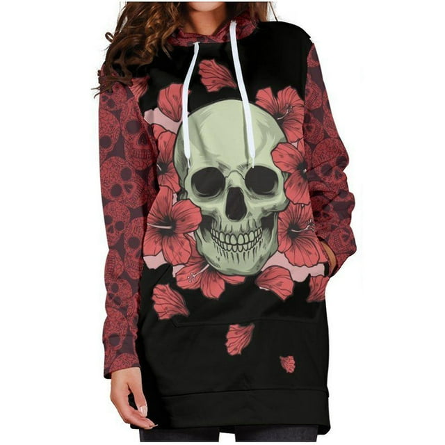 Suéter con estampado de calavera de Halloween para mujer, suéter medio largo holgado y a la moda, de manga larga, estilo femenino