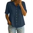 thumbnail image 2 of Craaazy Women's Loose Fit Collared Blouse, Solid Color Short Sleeve Button Down Shirt, Breathable Cotton Linen Casual Top for Daily Wear, Work & Weekend Gifts, 2 of 9