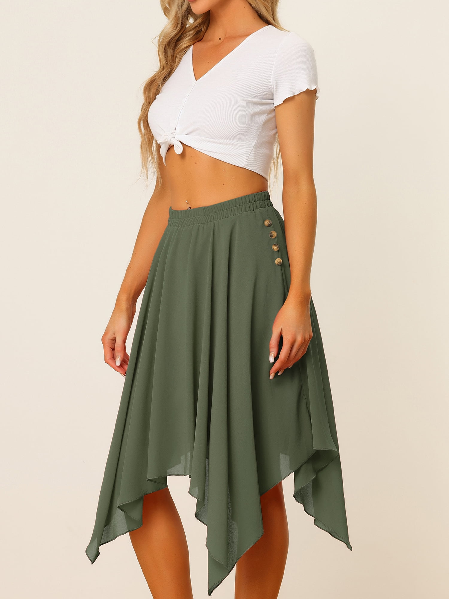 DARING DIVA Women's Asymmetrical Hem Elastic Waist Chiffon Flowy Midi Skirt Medium Army Green