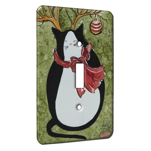 KuzmarK™ Single Gang Toggle Switch Wall Plate - Tuxedo Chunky Reindeer Kitty Christmas Cat Art by Denise Every