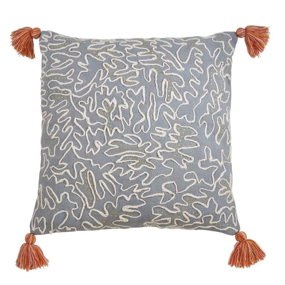 Tasseled Doodle Design Cotton 22 Inch Square Outdoor Throw Pillow Grey