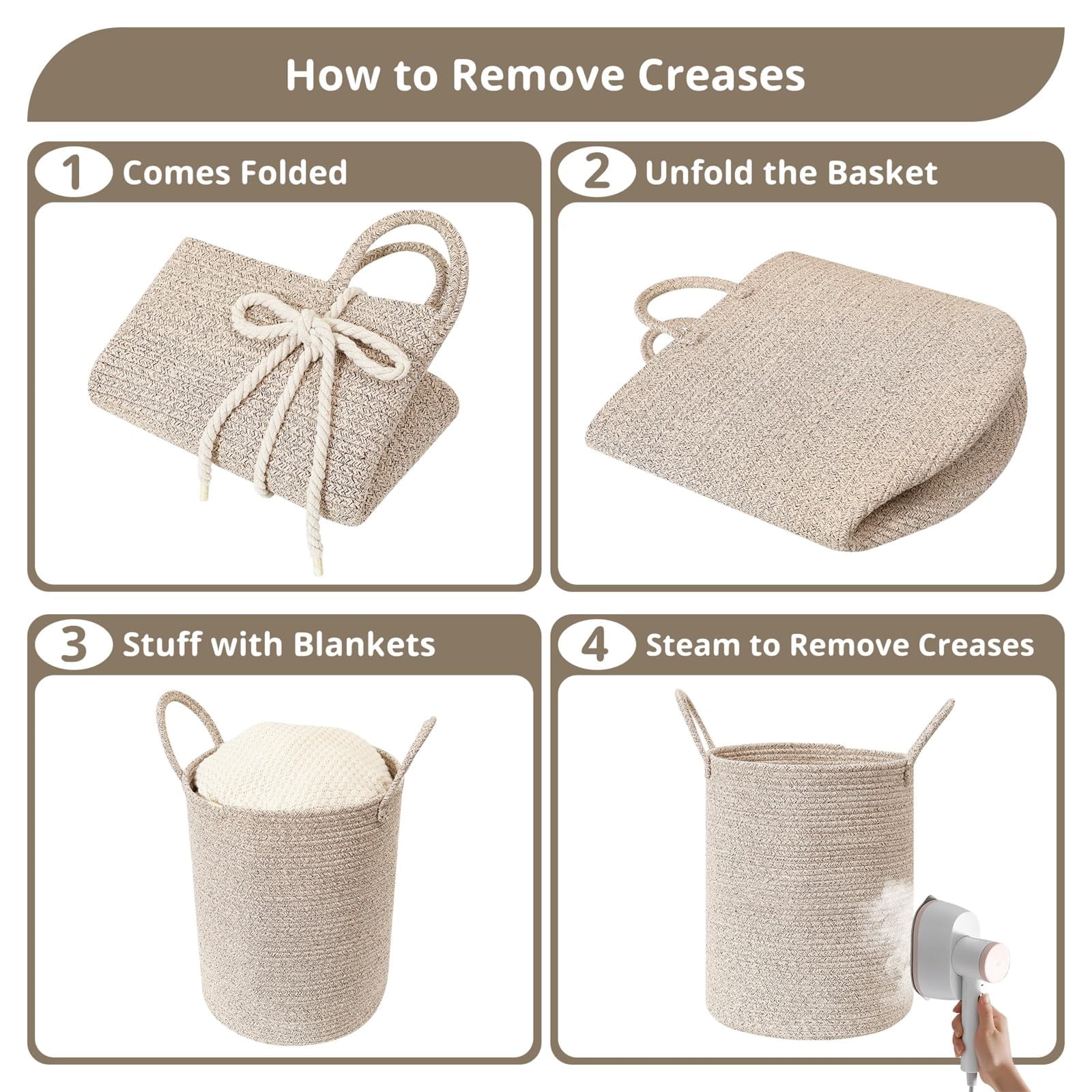 60L Large Woven Laundry Basket Hamper, 100% Natural Cotton Rope, Handwoven & Durable, Storage for Blankets, Toys, Clothes, Nursery Hamper for Living Room, Baby Room, Bedroom (Brown and White)
