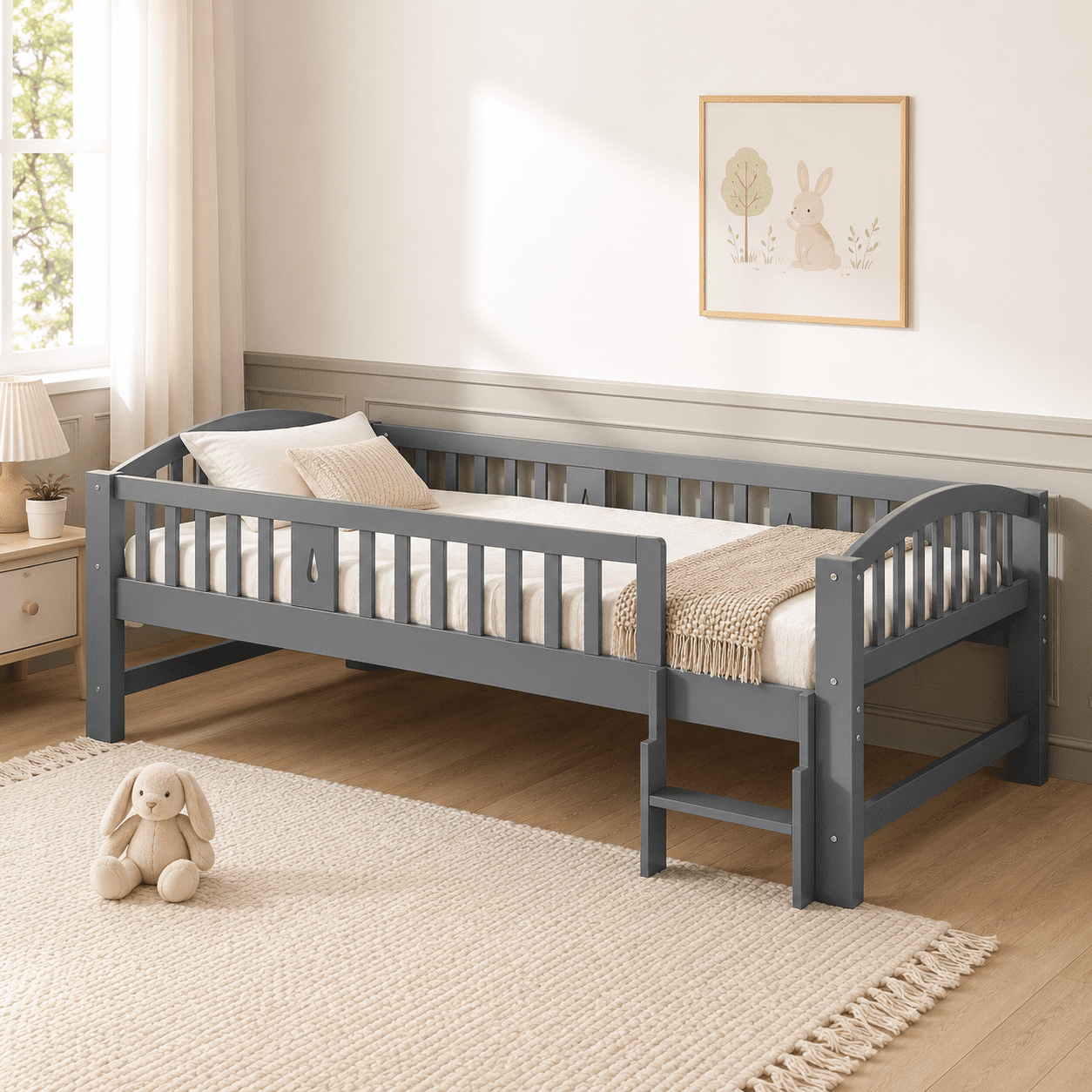 Sesslife Twin Platform Bed Frame for Kids, Solid Wood Toddler Twin Bed with Safety Guardrails & Built-In Step, Montessori Low-Profile Bed with Slats, No Box Spring Needed, 400 lbs, Gray