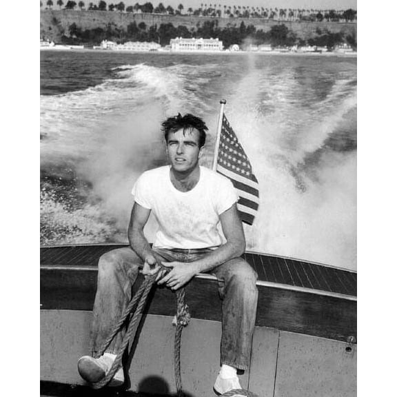 Montgomery Clift in white t-shirt & jeans onboard boat 1951 8x10 inch photo