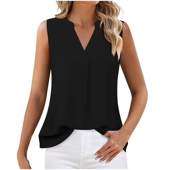 Otntypg Women's Chiffon Tank Tops Cute Summer Sleeveless V Neck Tunic Blouse Dressy Casual Tops Office Work Shirts Black XXXL