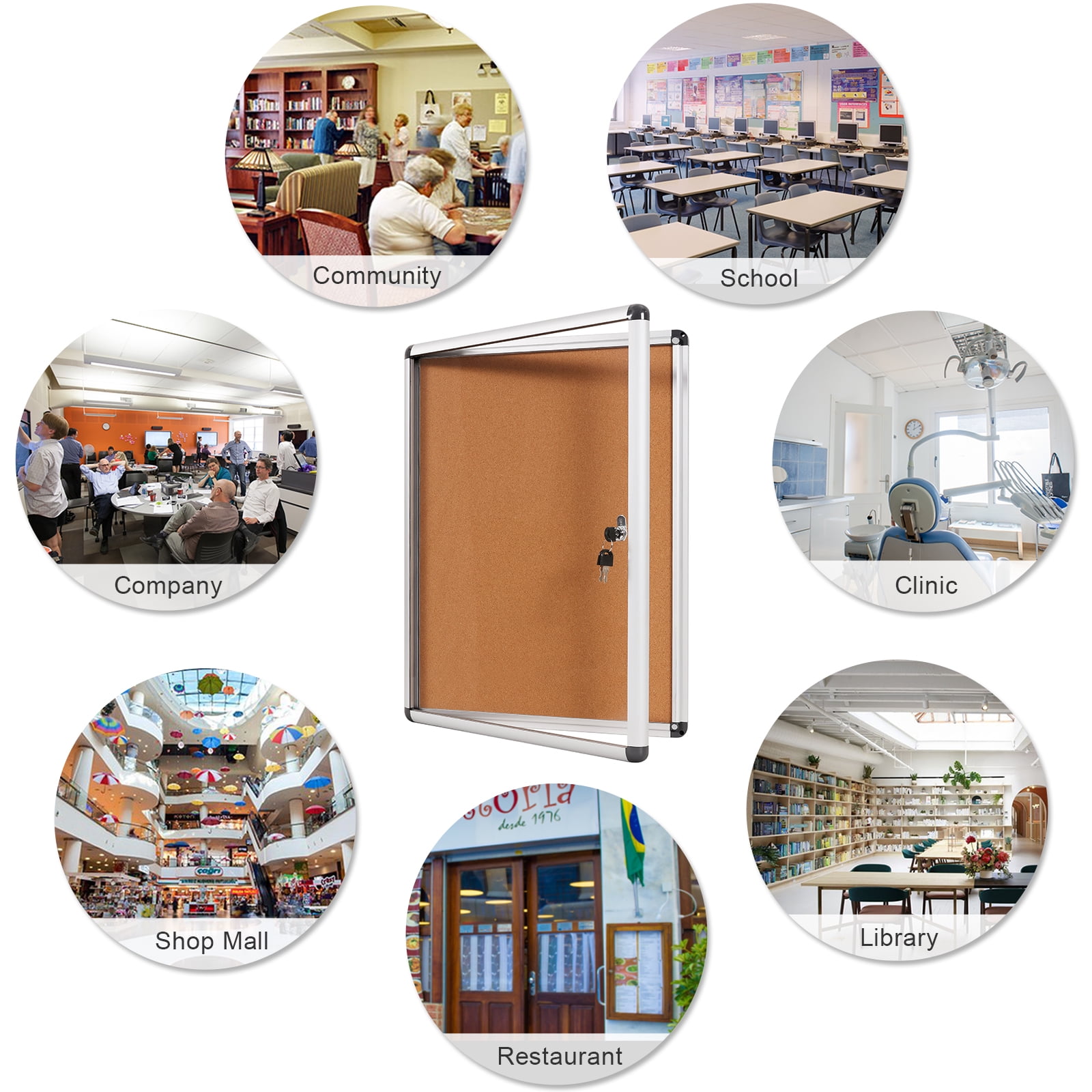 SWANCROWN Enclosed Cork Bulletin Board with Lock 20"x16",Silver Aluminum Frame