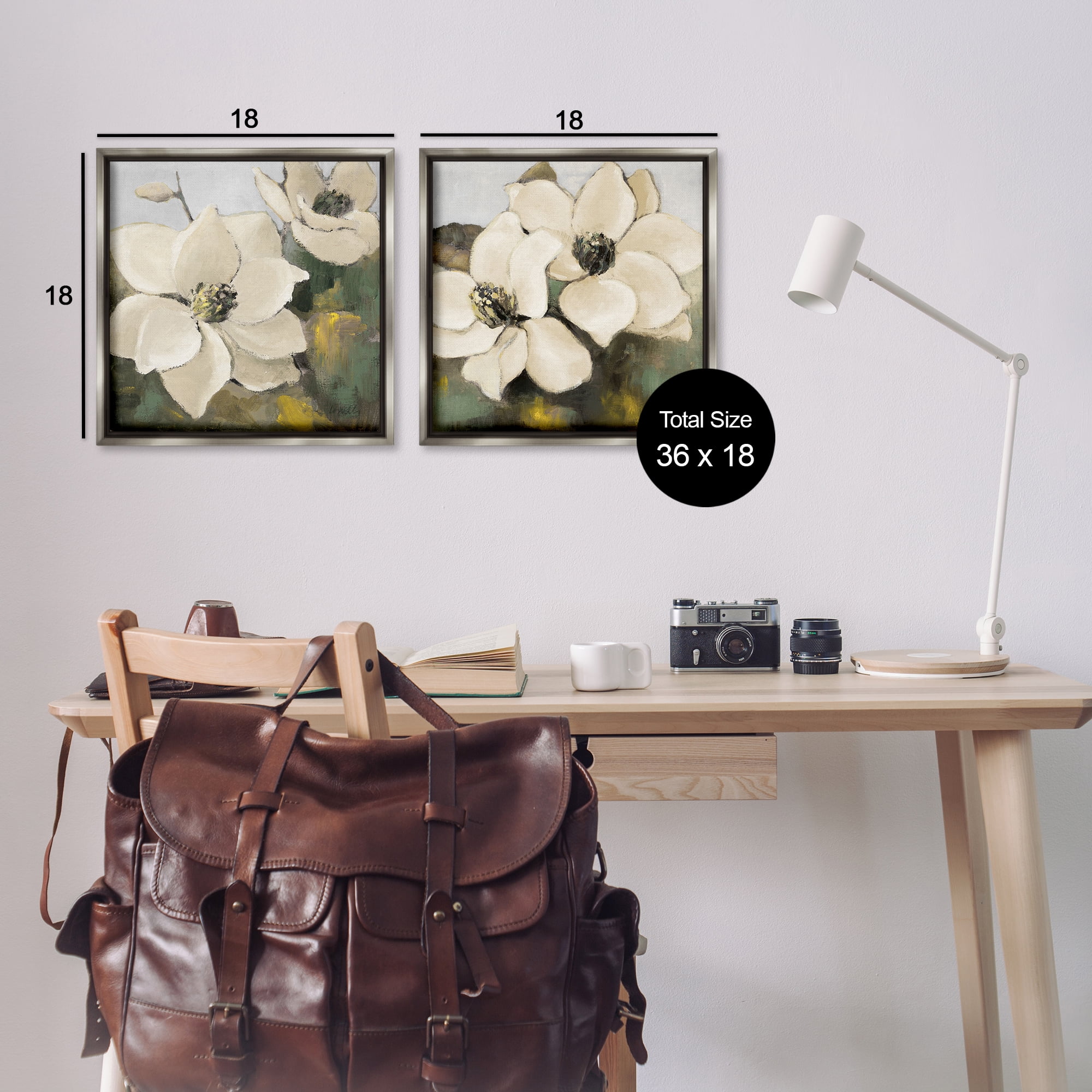 Stupell Industries Blooming Magnolia Blossom Plants & Flowers Painting Gray Floater Framed Canvas Art Print Wall Art, 18 x 18, Set of 2