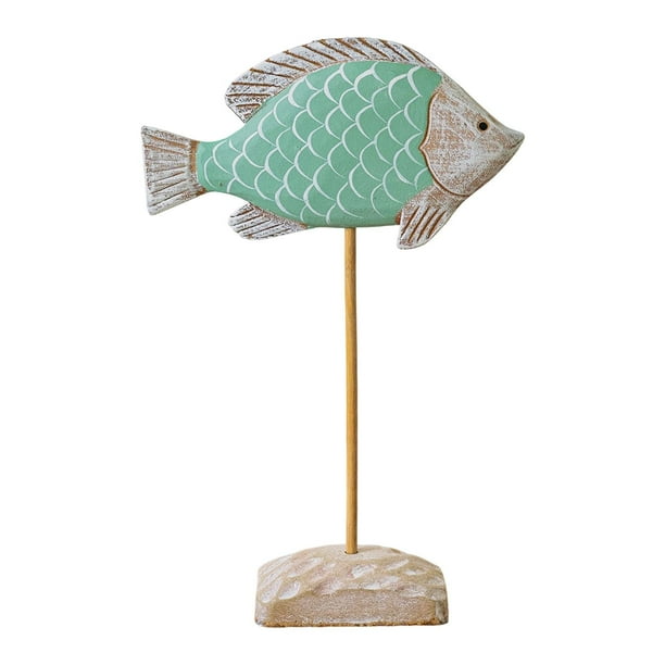 Escultura de pez de madera sobre soporte, decoración náutica, adorno para el hogar, animal marino de pie Verde claro