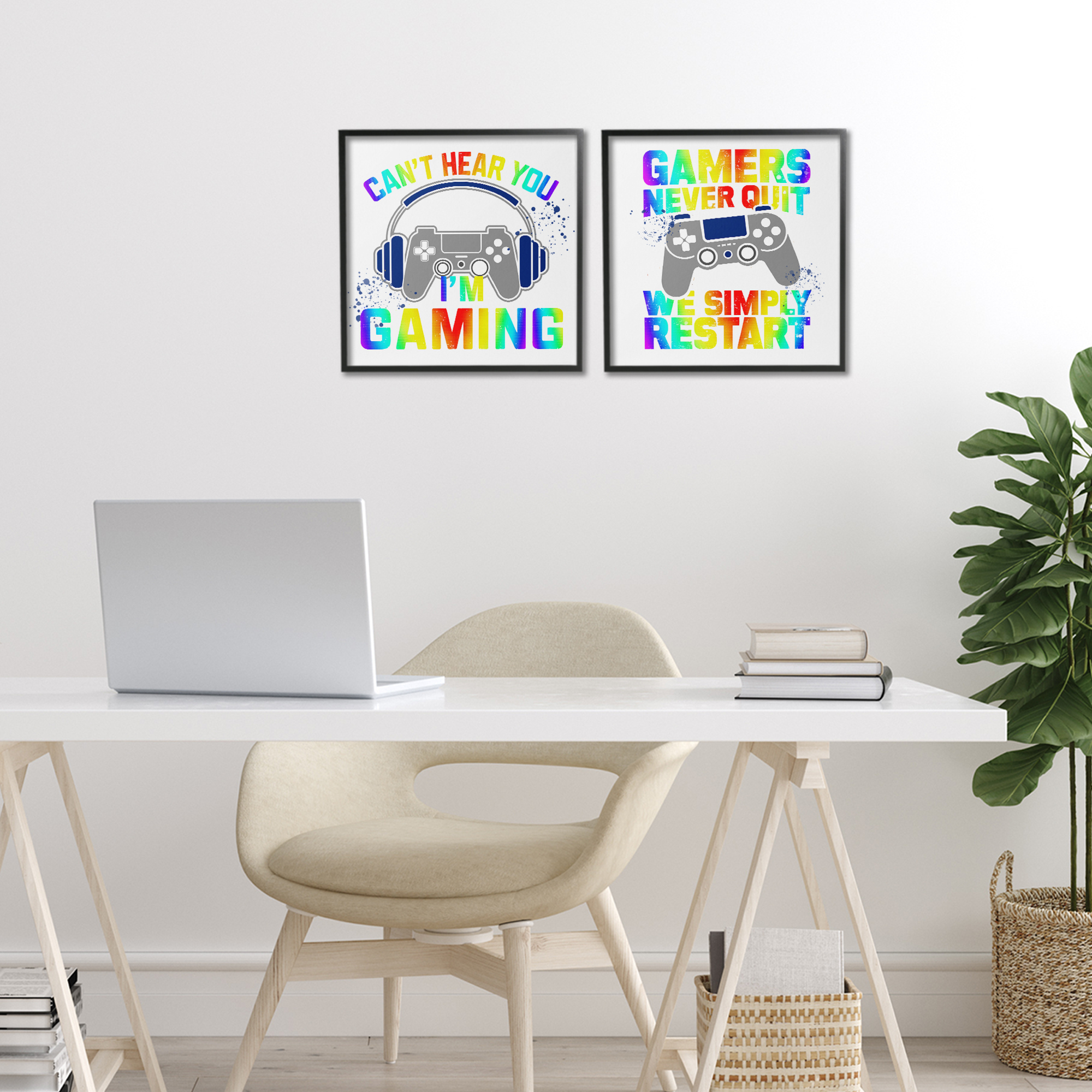 Rainbow Retro Gaming Phrases 2 Piece Black Framed Giclee Art Set, design by Kim Allen