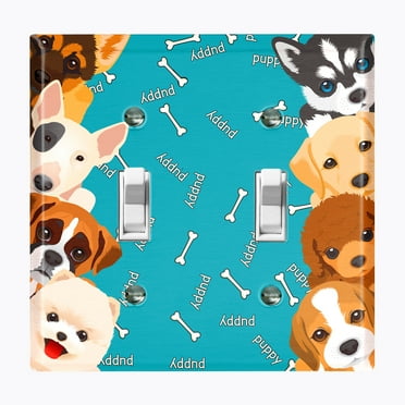 Metal Light Switch Plate Outlet Cover (Cute Puppy Dog Teal - Double Toggle)