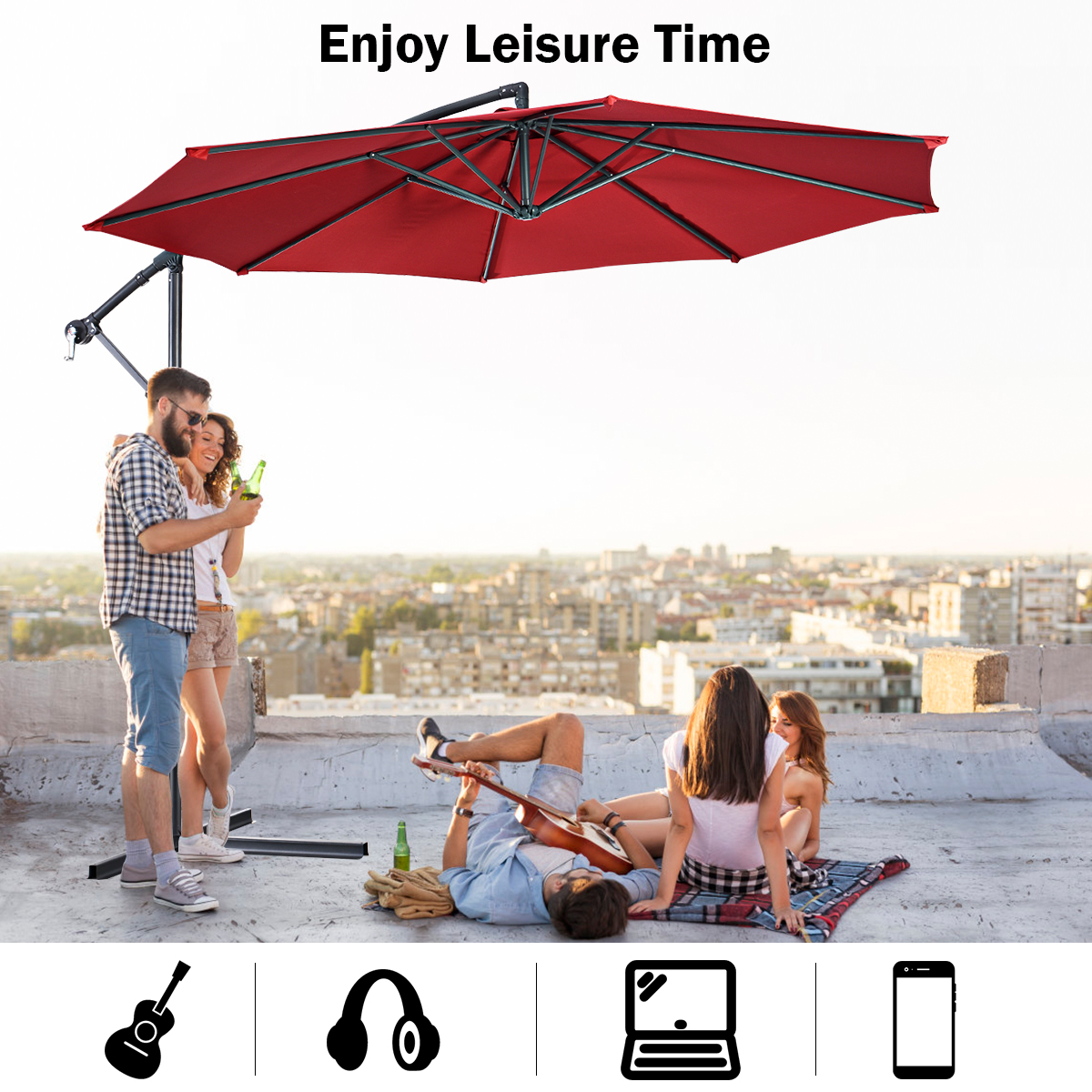 Costway 10' Hanging Umbrella Patio Sun Shade Offset Outdoor Market W/t Cross Base Burgundy - image 3 of 8