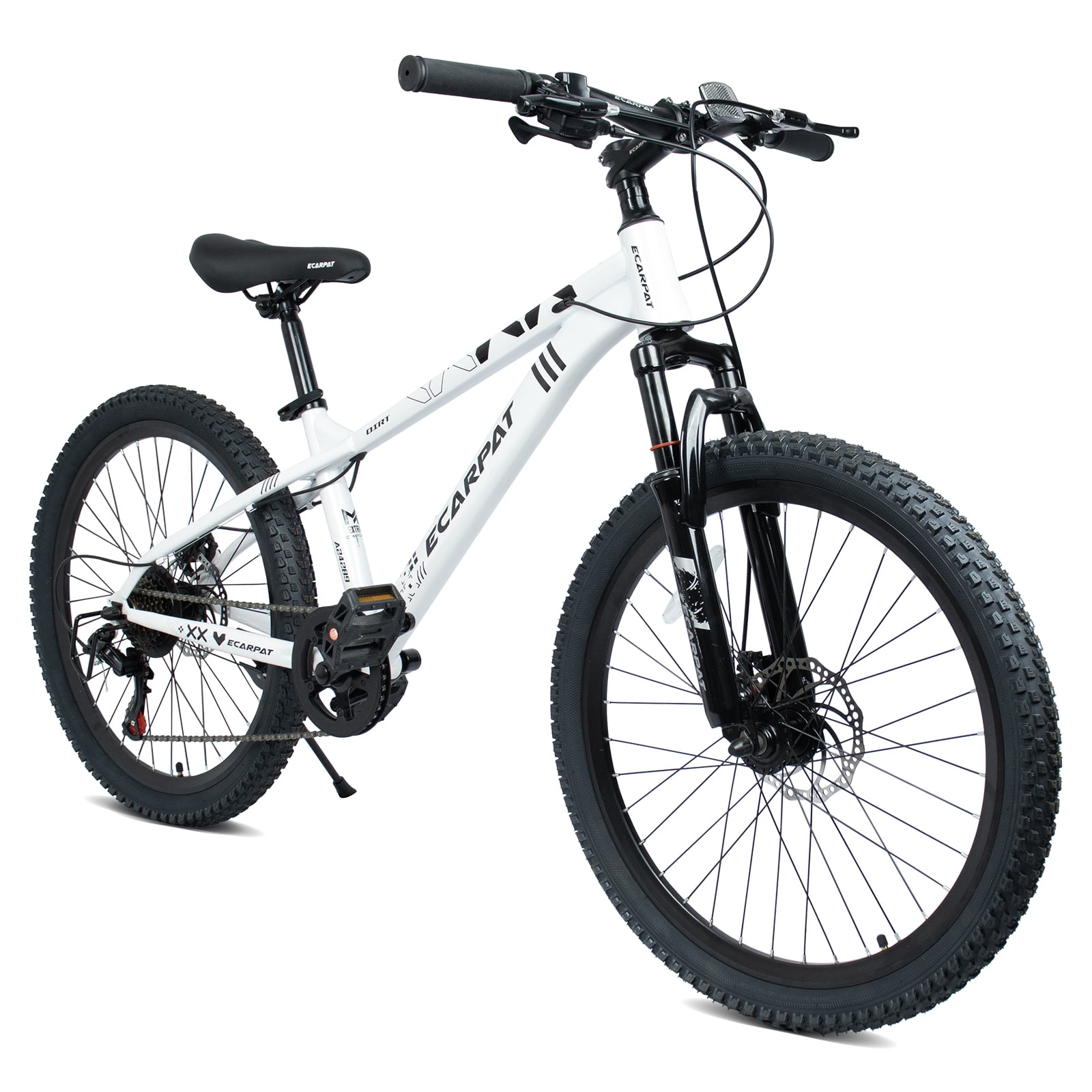 24 Inch Mountain Bike, 9-Speed Mountain Bicycle with Front Suspension and Dual Disc Brakes, Carbon Steel Frame MTB Bike for Teenagers Adult Men Women, White