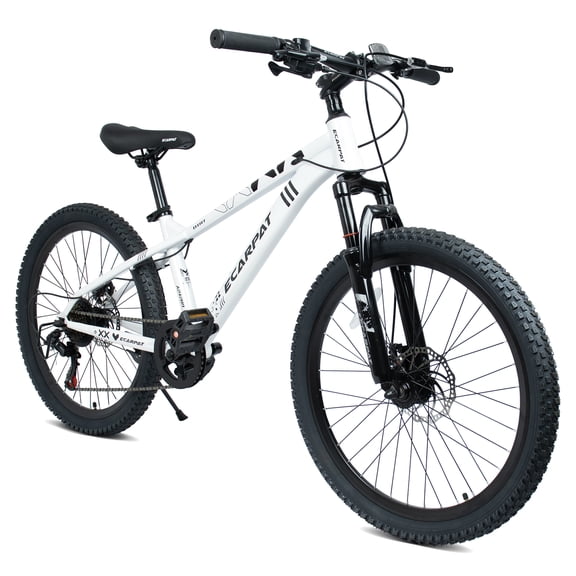 24 Inch Mountain Bike, 9-Speed Mountain Bicycle with Front Suspension and Dual Disc Brakes, Carbon Steel Frame MTB Bike for Teenagers Adult Men Women, White