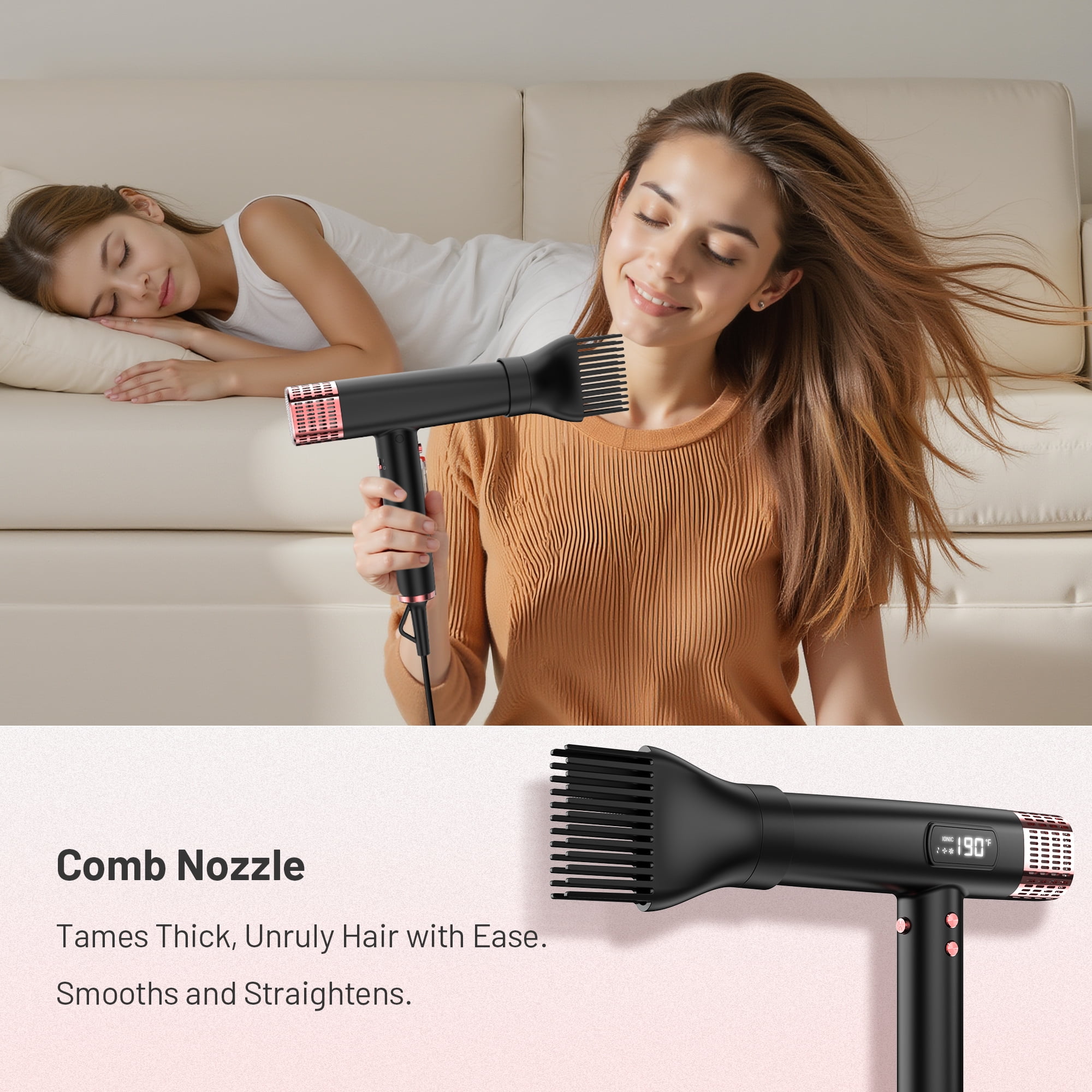 Dual Voltage Ionic Hair Dryer with Diffuser, High Speed Ionic Hair Dryer, Fast Drying, No Heat Damage, Instant Heat Blow Dryer with 3 Attachments, LCD Screen