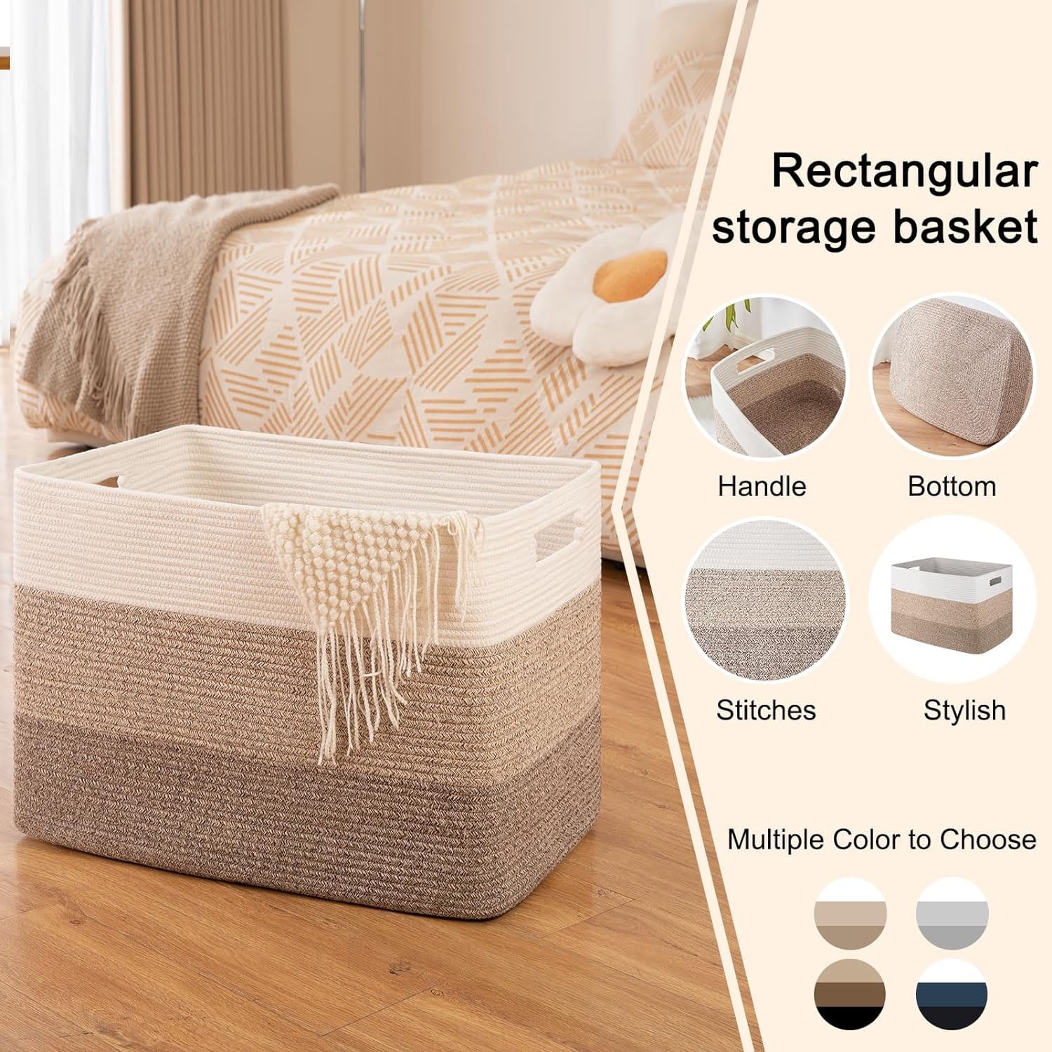 Large Blanket Basket, 21.6" x 17" x 12" Rectangle Woven Baskets for Storage, Nursery Blanket Storage Living Room, Toy Storage With Handle, Gradient Brown