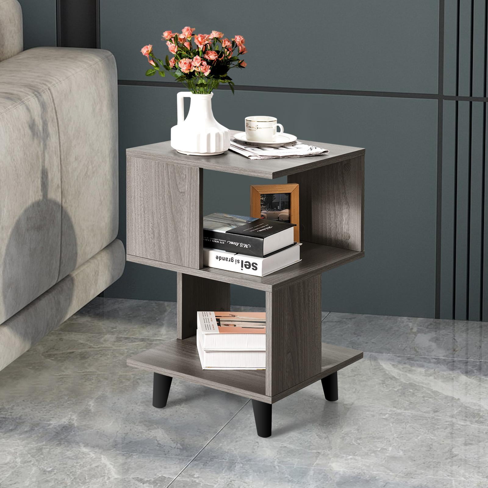 Giantex Set of 2 End Table, Accent Sofa Wood Nightstand, Small Bookcas w/Open Storage Shelves