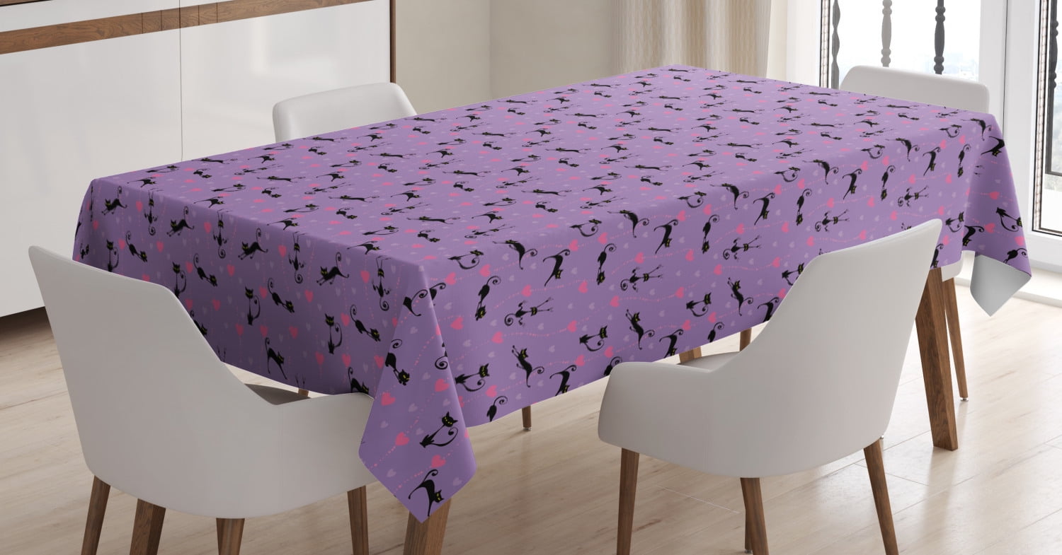 Lavender Pink Black 52 X 70 Ambesonne Cat Tablecloth Funky Romantic Pattern with Little Hearts Funny Jumping Black Cat Characters Dining Room Kitchen Rectangular Table Cover