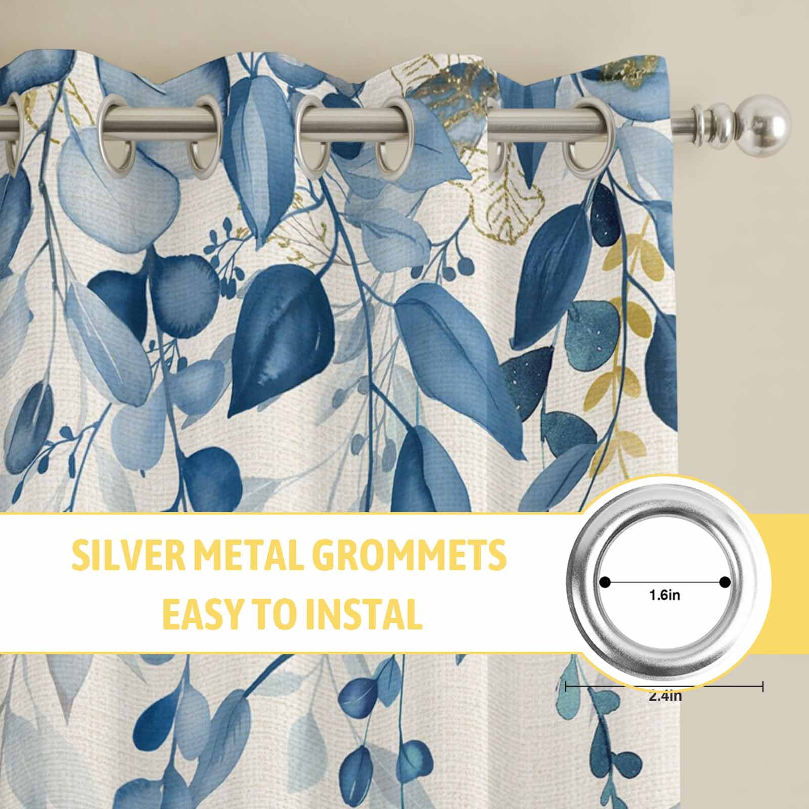 Curtains 63 Inch Length 2 Panels, Blue Eucalyptus Grommets Window Treatment Curtain, Farmhouse Weeping Leaves Linen Thermal Curtains Drapes for Living Room/Bathroom
