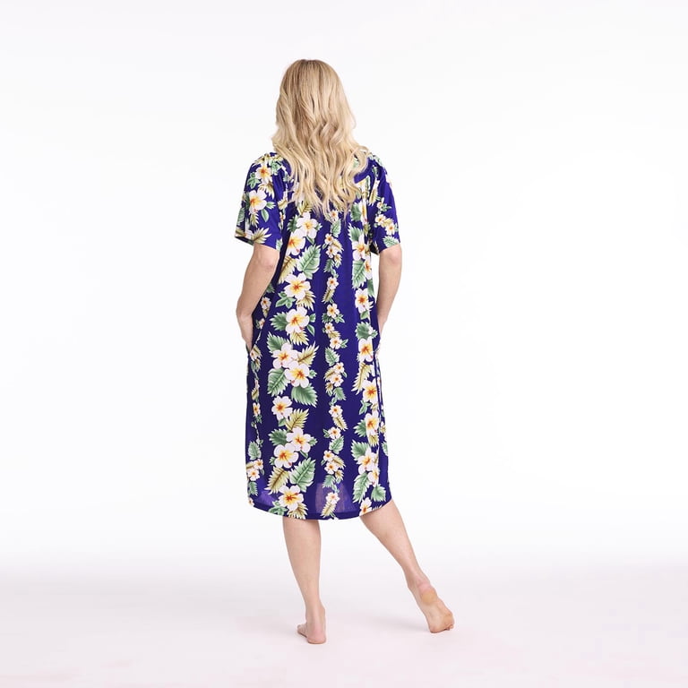 cotton muumuu dress walmart CATALOG CLASSICS Women's Muumuu Dress Lounger, Short Sleeve with Pockets,  Purple/White, Medium